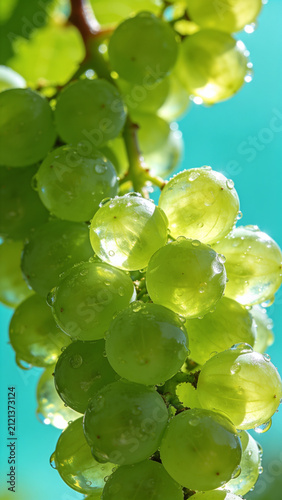 Fresh green grapes with water droplets glowing under bright sunlight against a clear blue sky background