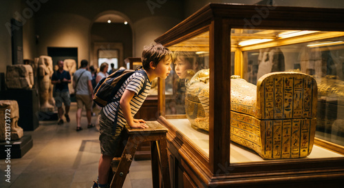 Curious young boy standing on a wooden stool looking closely at an ancient Egyptian sarcophagus exhibit inside a glass case at a museum.