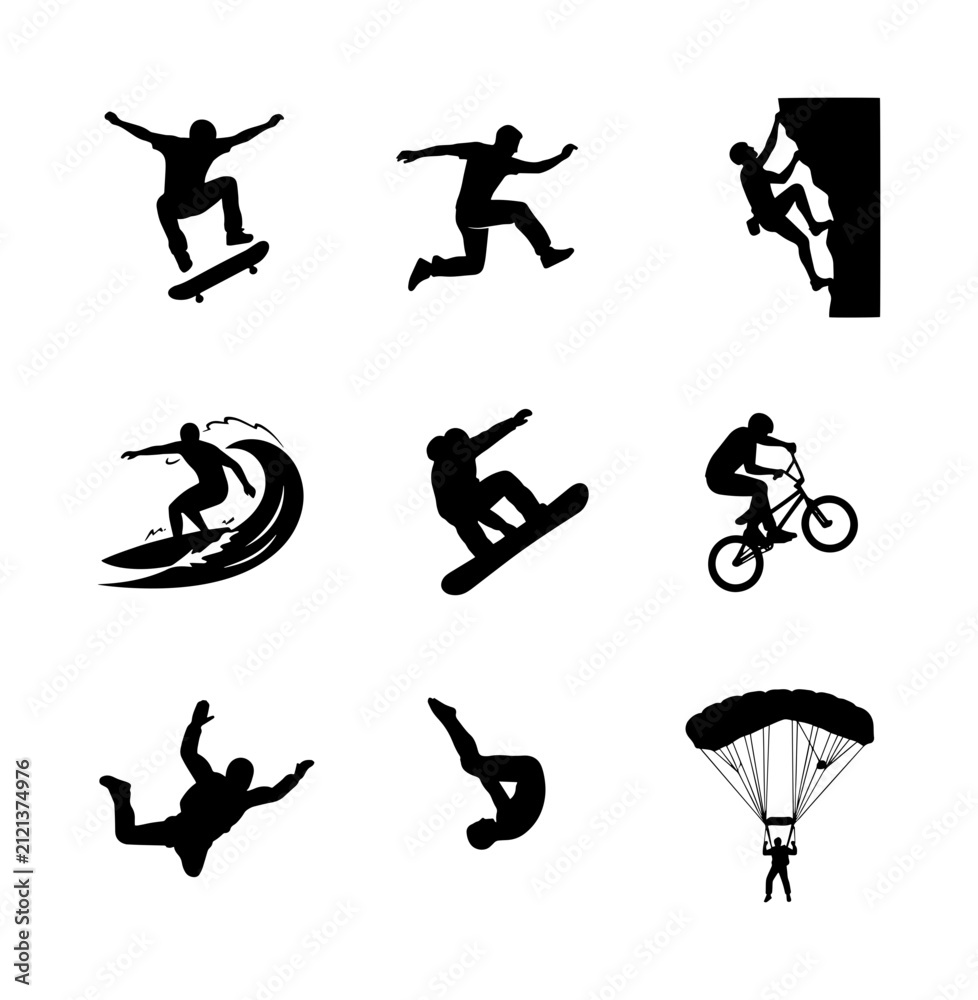 Fototapeta premium 70 Extreme Sports Icons Set: Skateboarder, Surfer, Snowboarder, Climbers, BMX Rider, Skydiver, Acrobat, Parachutist, Action Vector Silhouettes 100
