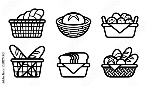 70 Vector Bread Basket Icons Set, Bakery Food Illustrations, Fresh Baked Goods Graphics, Simple Outline Collection 100