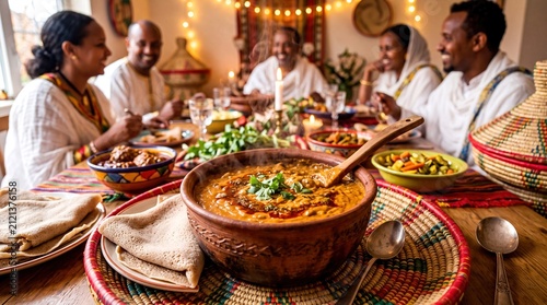 A joyful family gathering sharing traditional Eritrean shiro stew and injera bread during a festive celebration.