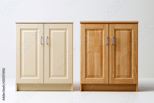 Cabinet door samples isolated white background. Trendy Front kitchen wood frame units. Brown Beige wooden cupboard panel, door handles. Home improvement. Furniture mockup for interior design projects