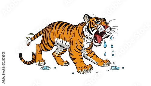 Cartoon illustration of a roaring tiger with flowers.