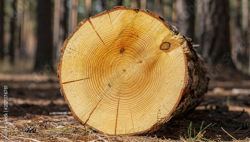 Freshly cut cross section of a pine log showing growth rings lying on a forest floor ground