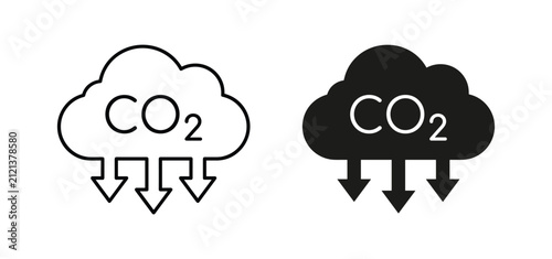 CO2 Cloud Icons: Simple black and white line icons representing CO2 emissions, depicted as clouds with downward arrows, symbolizing pollution and environmental impact.