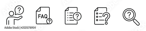 Faq line icon set help center, customer support, question mark, user asking question, document and search icons vector graphic for web design and app interface