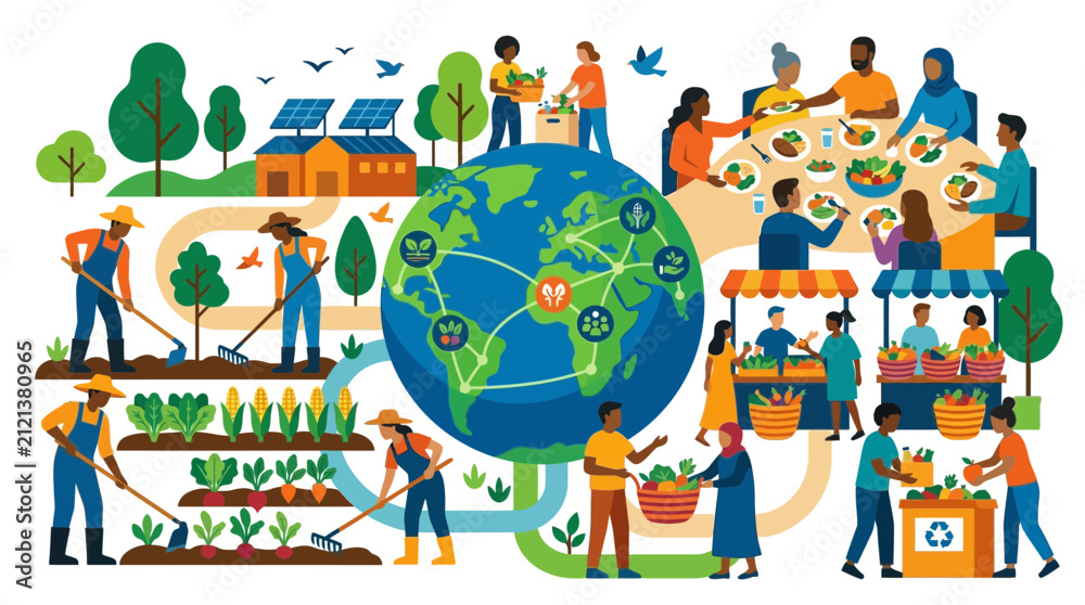 Naklejka premium Global Community Working Together for Sustainability and Healthy Living
