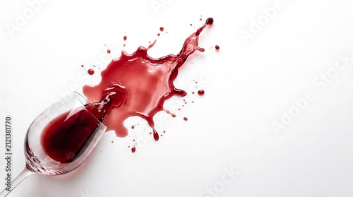 Spilled red wine glass with dynamic splash on isolated white background