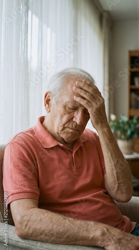Elderly man sits on couch showing sadness and stress with hand on forehead