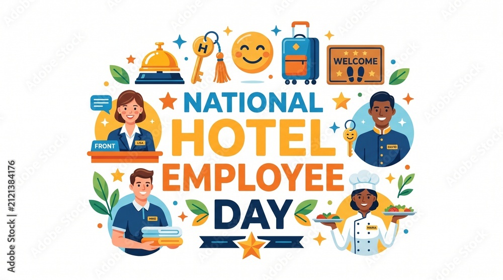 Naklejka premium Hotel Employee Day Hospitality Icons with Bell Key Suitcase and Staff Illustration