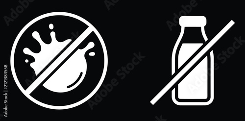 Set of no milk icons featuring a bottle and splash with a crossed line for allergy