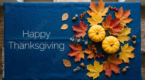 Autumn Maple Leaves on Blue Background with Pumpkin and Harvest Decoration for Fall Halloween Thanksgiving Seasonal Celebration Vector Illustration