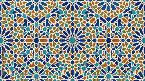 Handcrafted ceramic tile patterns with Mediterranean and Moorish geometric motifs, weathered glaze, rich blue, turquoise, green and terracotta tones, intricate symmetry, vintage texture, elegant style