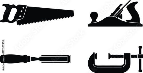 Fotografie Traditional Woodworking Carpentry Craft and Manual Hand Tool Glyph Icon Set feat
