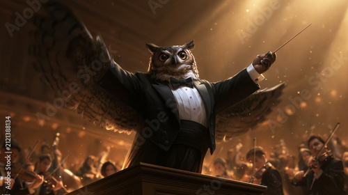 Conductor Owl Leading Orchestra with Baton