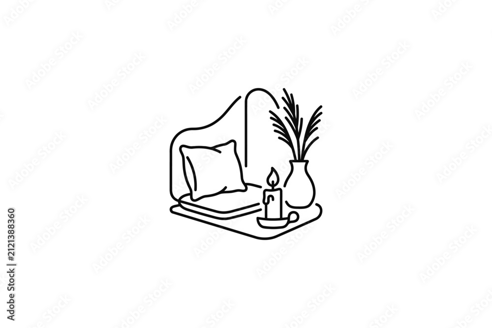 Obraz premium Minimalist line art illustration of a cozy home interior corner with a pillow and vase.