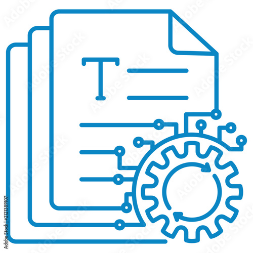 Automated text document processing vector line icon. Stack of text files with circuit gear representing NLP, document parsing, and workflow automation