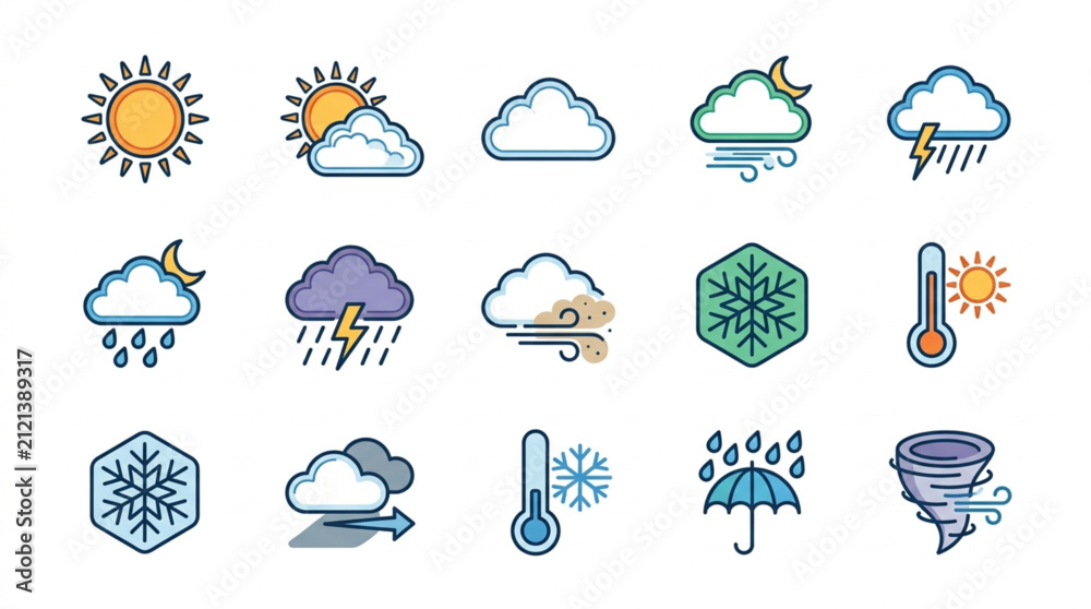 Obraz premium Colorful weather icons set with various conditions.