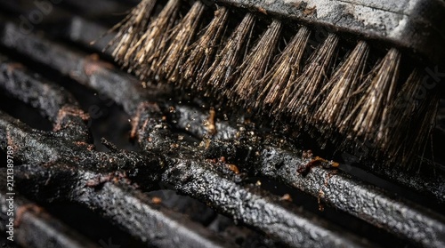 Wire grill brush scrubbing dirty barbecue grill, cleaning burnt food residue from grates.