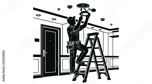 Electrician Installing Ceiling Light Vector Illustration