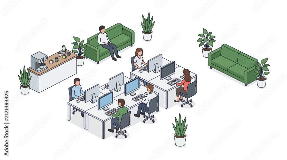Fototapeta premium Clean Modern Office Space with Employees Working at Desks and Relaxing on Green Sofas Potted Plants