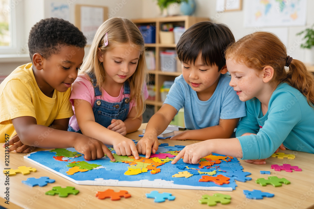 Obraz premium Diverse children completing a world map puzzle at a classroom table
