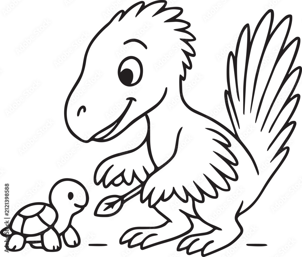 Fototapeta premium Cute dinosaur feeding a turtle coloring page, black and white outline, part of dinosaur daily activities coloring set