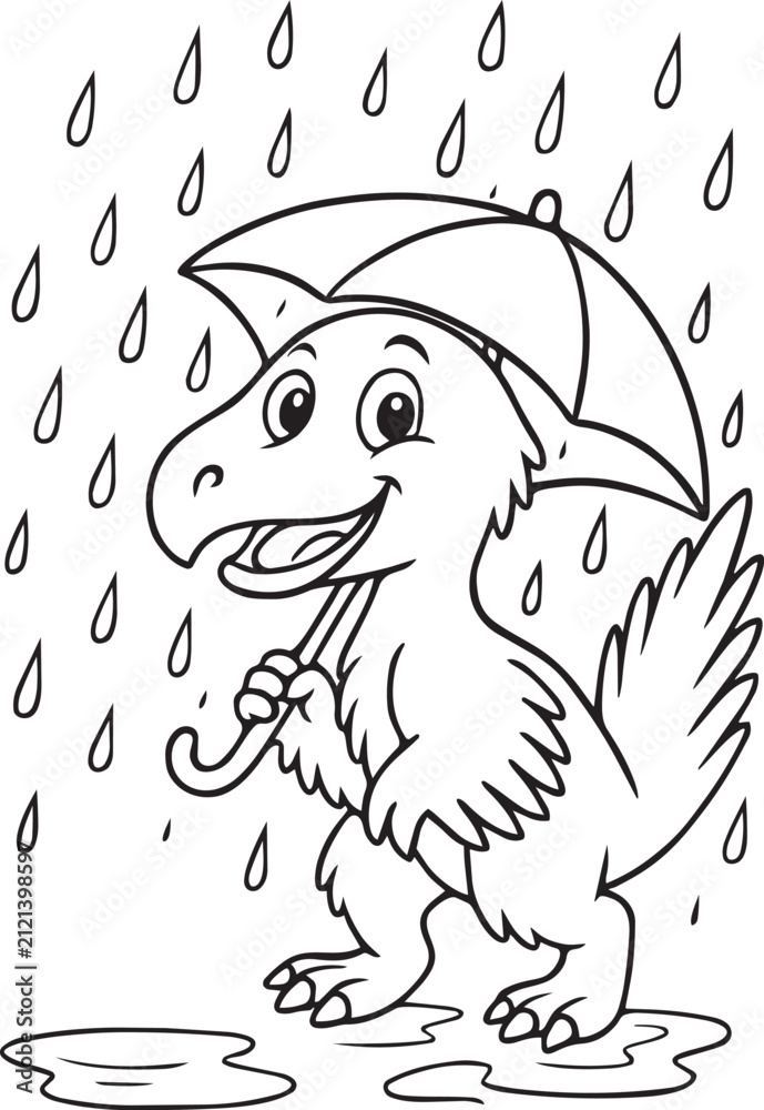 Obraz premium Cute dinosaur with umbrella in the rain coloring page, black and white outline, part of dinosaur daily activities coloring set