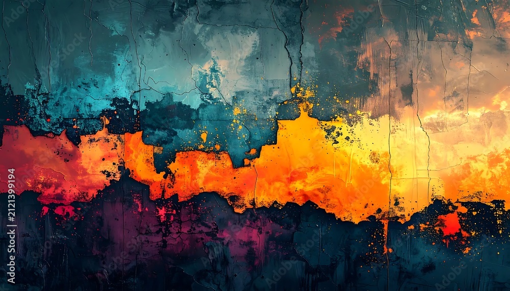 Fototapeta premium Vibrant abstract geometric painting background with textured colorful block shapes and dark modern creative art composition
