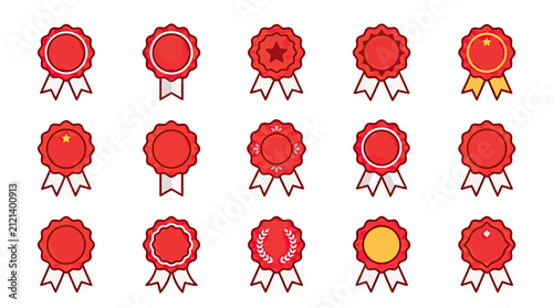 Elegant Collection of Fifteen Distinct Red Ribbon Badges with Varied Symbols and Colors for Awards Certifications and Achievements