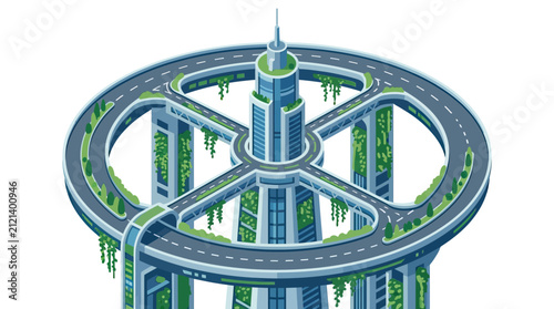 Elegant Futuristic Skyscraper Surrounded by Multi Level Green Rooftop Roads and Vertical Gardens