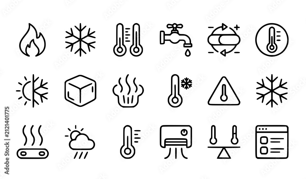 Fototapeta premium Hot and Cold Outline Icon Pack with Temperature Heat Cooling and Weather Line Symbols