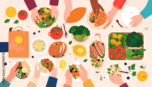 Colorful healthy food ingredients flat lay arrangement.