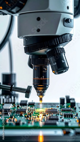 Industrial robotic arm assembling electronic components.