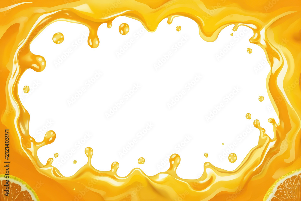 Obraz premium Orange juice splash border with citrus corners isolated