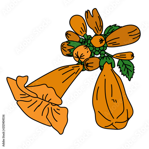 botanical vector illustration of orange trumpet vine flowers with buds and green leaves
