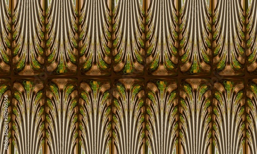 Photography ​Abstract earth tone brown, bronze, and green vertical stripe pattern background with a geometric column design, created from digital stretch and liquify filters