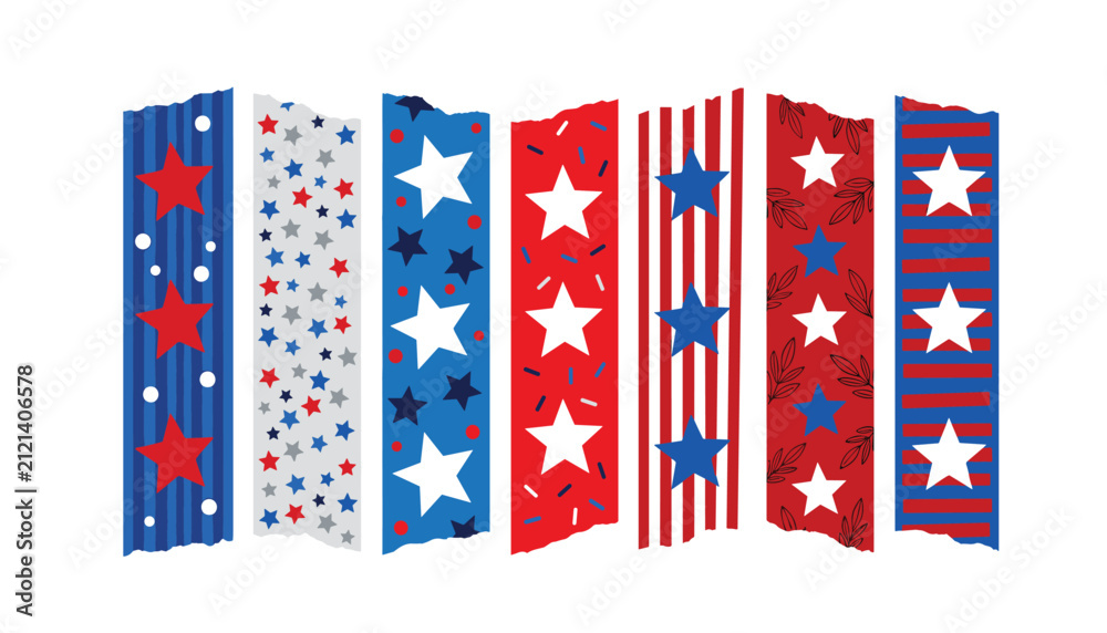 Fototapeta premium Patriotic American themed washi tape collection . Red white blue stripes, stars, confetti patterns, decorative masking tape strips, isolated design elements .