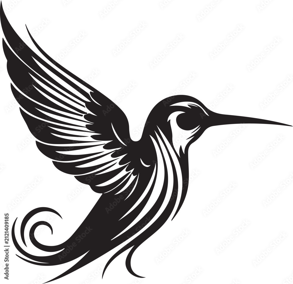 Fototapeta premium Hummingbird with ornate stylized feathers in mid-flight on a pristine white background.