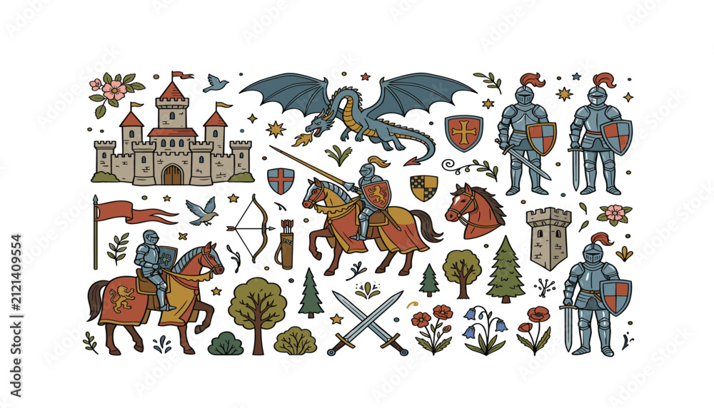 Fototapeta premium Medieval knight castle vector illustration set . Fairy tale dragon, armored soldiers, horses, shields, swords, bows, trees, flags .