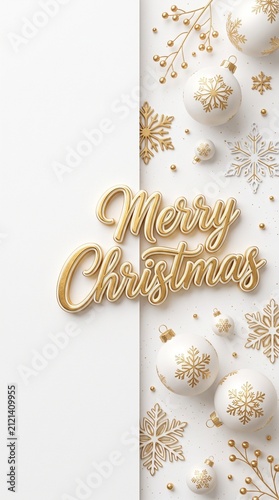 Luxury White Christmas Background with 3D Gold Foil Merry Christmas Text, White and Gold Snowflakes, Scandinavian Holiday Card Template