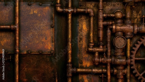 Rusted industrial metal wall with pipes. Grunge texture background of old factory machinery.