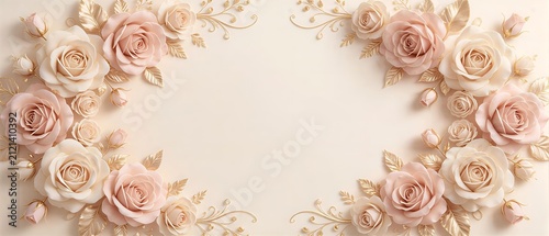 Elegant floral border frame with soft blush pink and ivory white rose flowers, with lustrous metallic gold leaves, cream beige background, romantic graceful botanical backdrop, ideal for greeting card