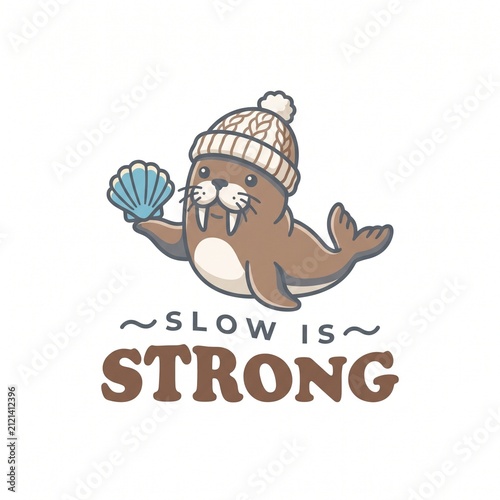 Cute cartoon walrus wearing a warm winter beanie hat holding a seashell with the inspirational typography text quote slow is strong
