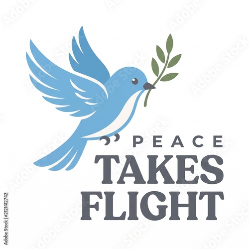 Vector Illustration of Blue Peace Bird Flying with Olive Branch and Peace Takes Flight Typography