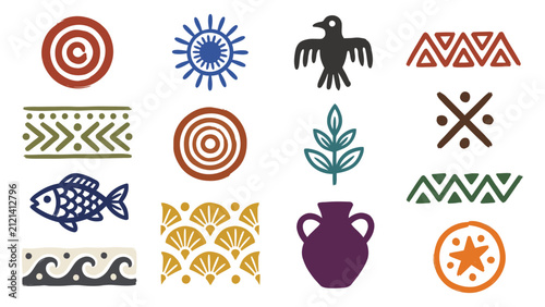 Collection of ancient tribal folk symbols and primitive decorative motifs