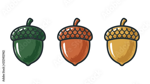 Set of three colorful stylized acorn illustrations for autumn with stylized