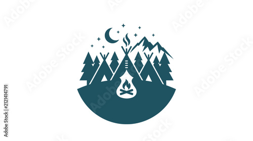 Camping scene with teepees and campfire at night under starry sky.