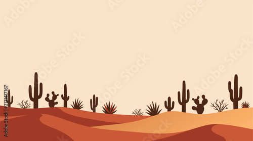 Flat desert landscape vector illustration with cactus silhouettes in a warm sandy sunset design for artistic backgrounds and web graphics 16