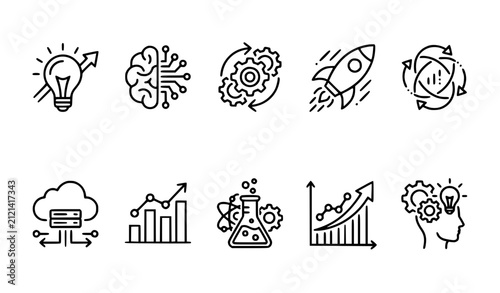 Innovation and future technology line icon set with AI startup idea and digital transformation vector